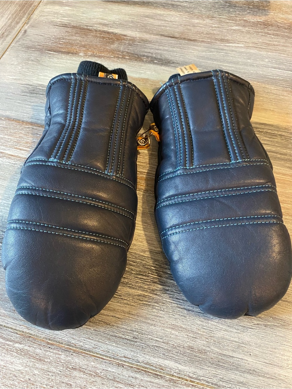 Kombi blue leather gloves Korea vintage feather & down Womans mittens